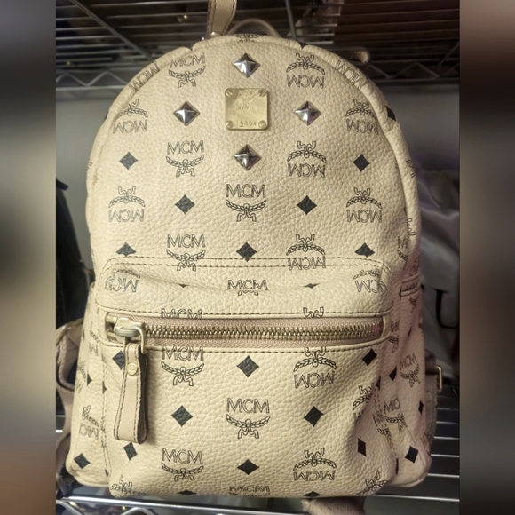MCM Cream Backpack with Gold Accents